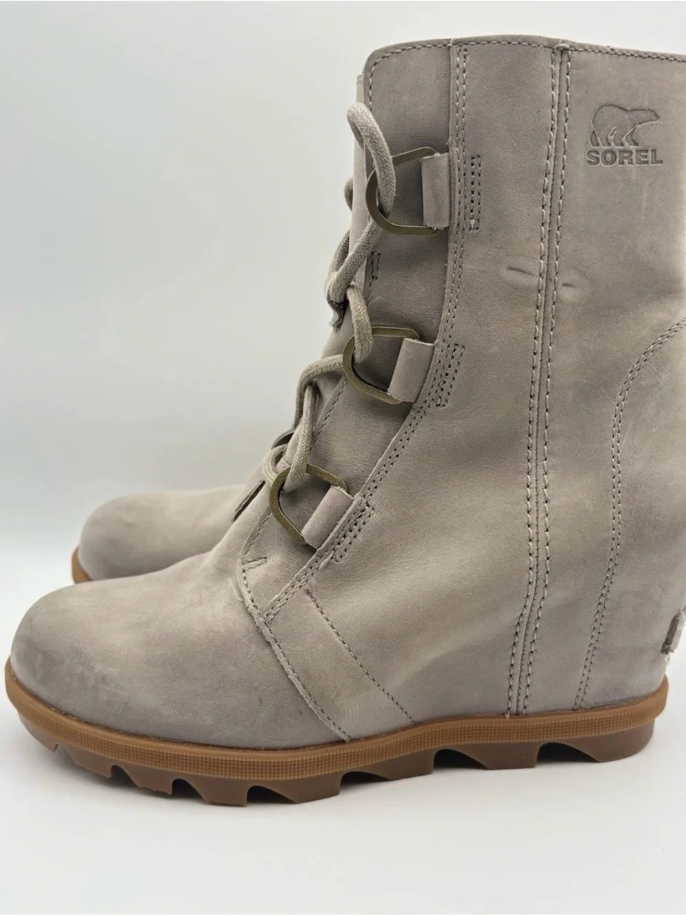 Sorel Taupe Wedge Lace-Up Boots with Gum Sole